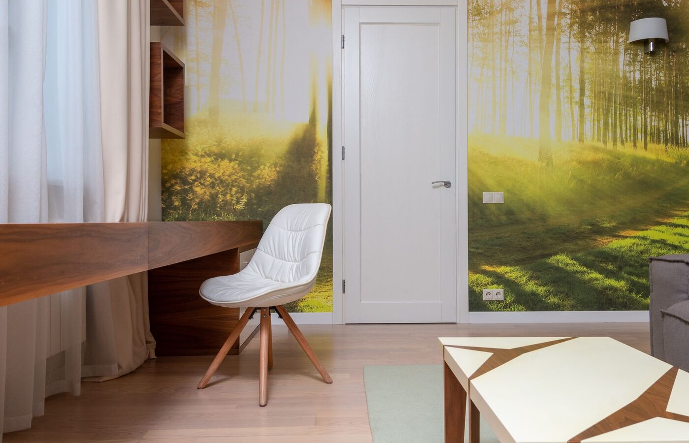 Study with a forest-scene wall mural